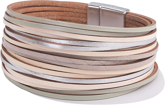 FANCY SHINY Boho Leather Wrap Bracelet Stackable Layered Bangle Cuff with Magnetic Clasp