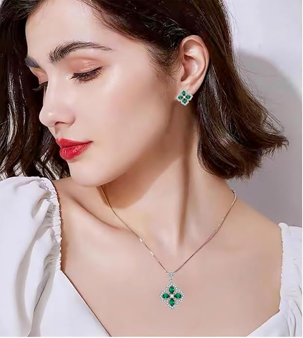 VONSSY Four Leaf Clover Necklace Earrings Shamrock Irish ST Patricks Jewelry Set Gift Green Emerald Zircon Crystal Stud 18k Gold Plated Chain Saint Pendant for Woman Wife Girlfriend