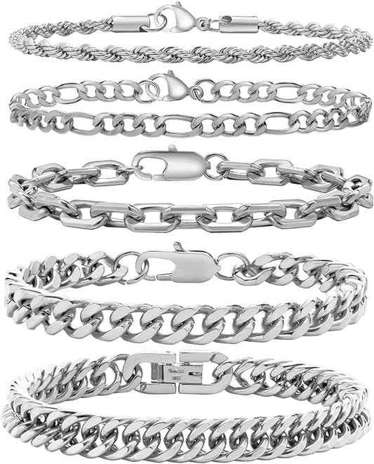 VNOX 5/7 Pcs Chain Bracelet for Men Women - Sturdy Stainless Steel Curb Width Cuban Link Chain Bracelet Set for Men Women,6.5/7/7.4/8.2/9 Inches