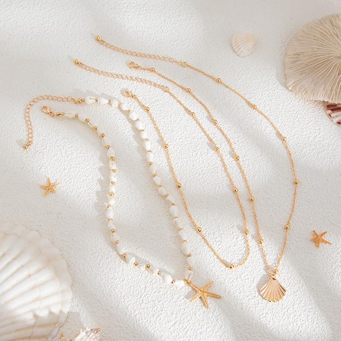 Seashell Necklace for Women Gold Layered Sea Shell Necklace Boho Summer Beach Necklaces for Women Adjustable Pearl Conch Starfish Necklaces Vacation Coastal Beachy Jewelry Outfits Accessories
