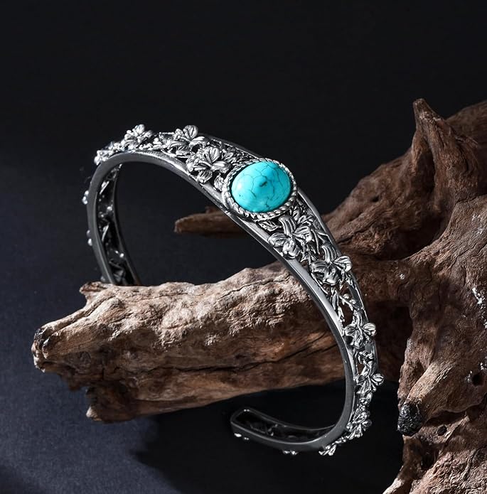 Christmas Jewelry Gift for Women-Genuine Turquoise Cuff Bracelet, Sterling Silver Western Vintage Floral Bangle Native American Jewelry, For 6.5-7.5 Inch Wrists