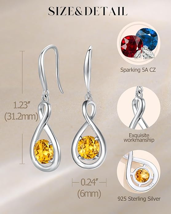 FANCIME Dangle Drop Earrings 925 Sterling Silver Dainty Infinity Round Gemstone Birthstone Jewelry Birthday Gifts for Her Women