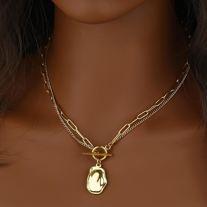 Chunky Gold Necklace for Women, 18K Waterproof Heart Necklace Statement Necklace Gold Charm Necklace Chunky Jewelry Paperclip Chain Choker Gift for Women