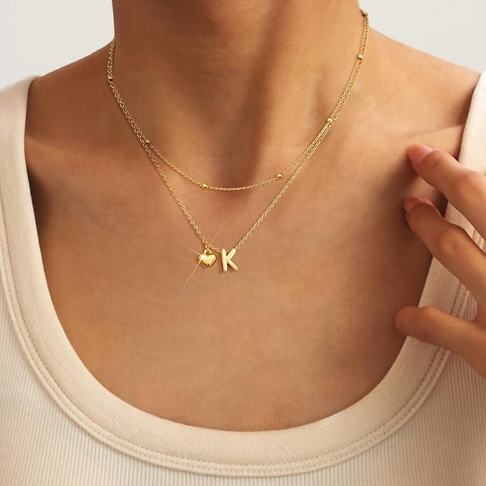 adoyi Gold Necklace for Women Layered Bubble Heart Letter Initial Necklaces for Women Trendy Jewelry 14K Gold Plated Chain Chunky Name Necklace Stack Charm A-Z Pendant Set Jewelry Gifts