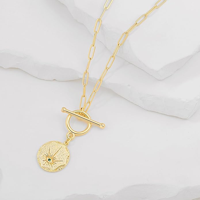 CANEVINKA Dainty Cross Medallion/Heart Pendant Chain Necklace 18K Gold Plated Oval Choker Fashion OT Toggle Jewelry Handmade for Women Simple Gold Charm Necklace