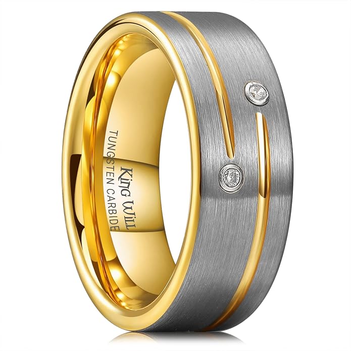King Will Mens Tungsten Wedding Band with Cubic Zircon Inlay 7mm/8mm Flat Cut Comfort Fit Engagement Rings