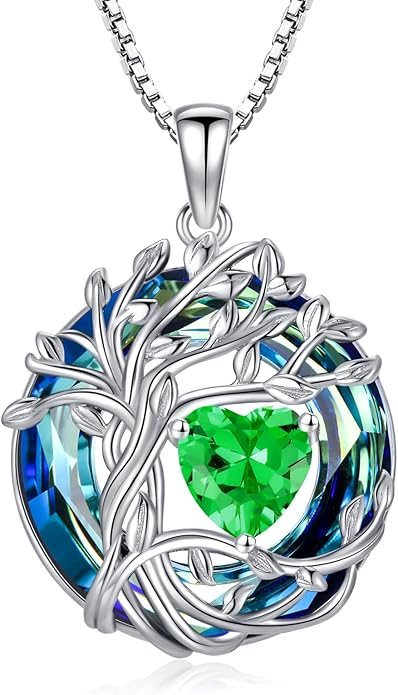 TOUPOP Christmas Gifts Tree of Life Birthstone Necklace 925 Sterling Silver Pendant Austrian Crystal Jewelry Anniversary Birthday Gifts for Women Mom Her Wife
