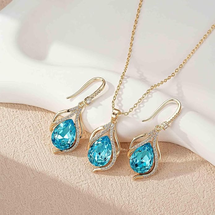 EVEVIC Austrian Crystals Teardrop Hollow Twisted Pendant Necklace Earrings for Women 14K Gold Plated Halo Drop Dangle Earrings Hypoallergenic Jewelry Set