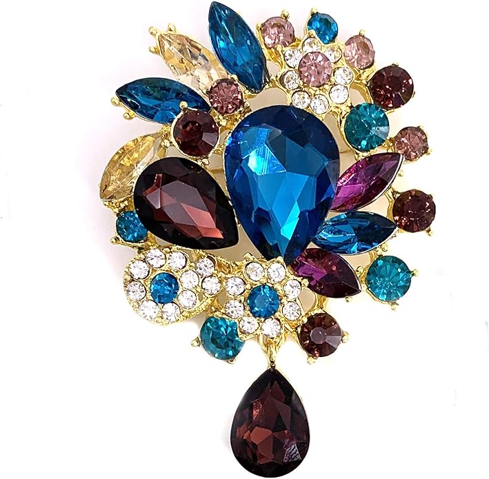 LAXPICOL Vintage Wedding Bridal Big Blue Crystal Rhinestone Tear drop Brooch Pin for Women