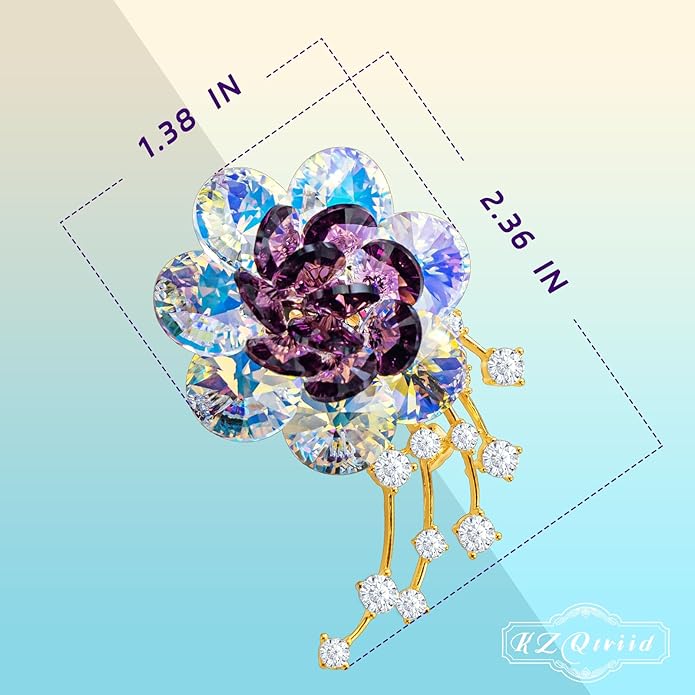 KZQtriid Brooches For Women,14k Gold Plated Copper,Crystal Roselle Cubic Zirconia Brooch Pins For Women ，Crystal Broach,Flower Broach