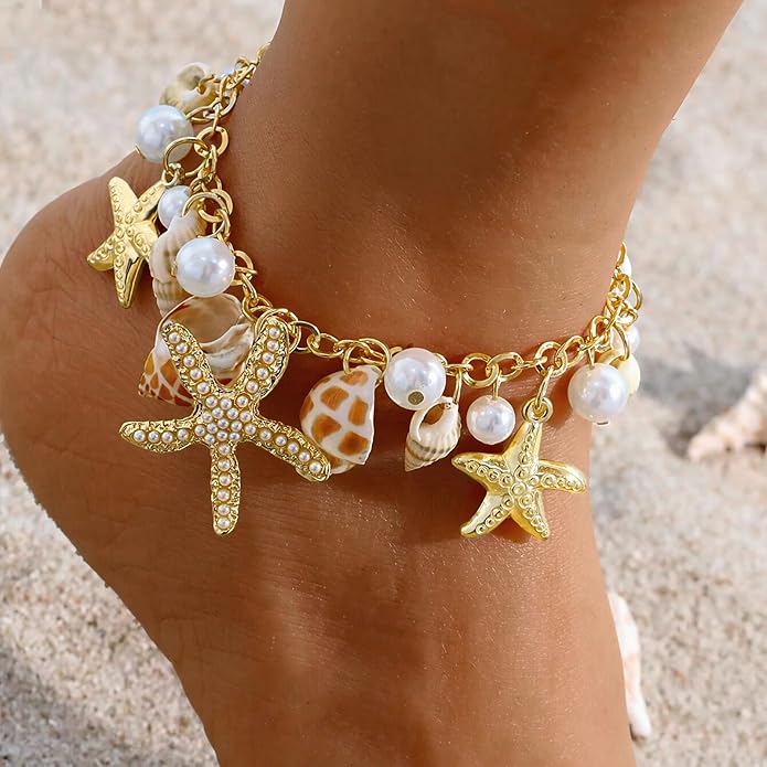 Shell Ankle Bracelet Set for Women, Gold Plated Boho Bead Adjustable Anklet, Hawaiian Beach Seashell Pearl Heart Starfish Conch Foot Jewelry Gifts
