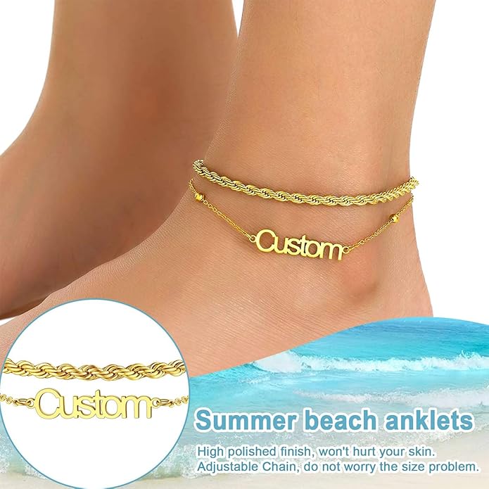 U7 Custom Layered Ankle Bracelets for Women Stainless Steel Bead/Cuban/Figaro/Rope/Wheat Chain Anklet Waterproof Anklet Jewelry for Beach Vacation