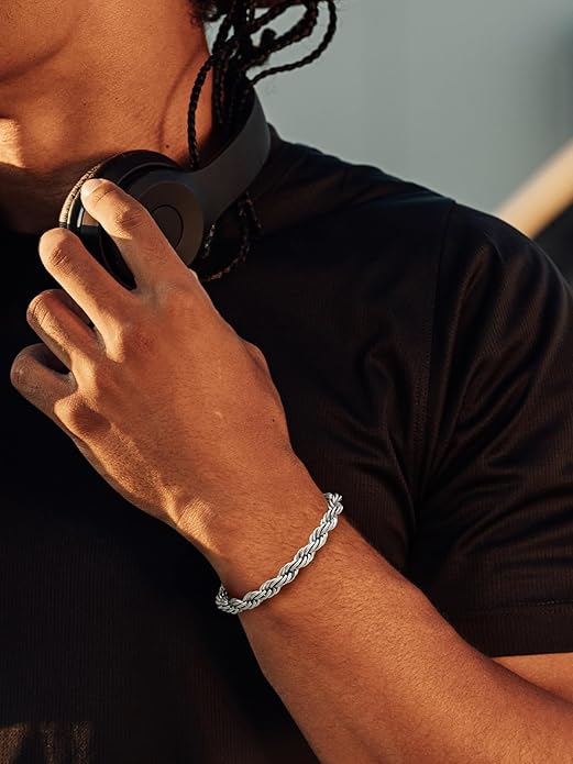 U7 Link Bracelets for Men, Cuban Link/Rope/Watch Band Solid Bracelet, Silver Black Gold Color Wrist Bracelet 3/6/9/12/15mm Width, 6.5/7.5/8.3 Inch Length, Hand Chain Jewelry for Mens Women