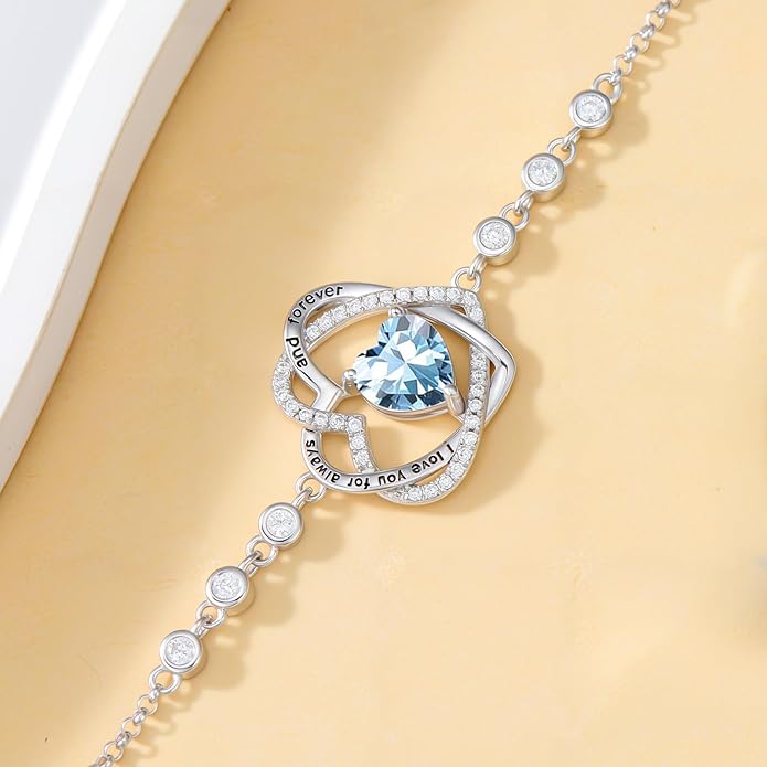 TOUPOP Heart Birthstone Bracelet 925 Sterling Silver Double Heart Bracelet Love You for Always and Forever Jewelry Anniversary Birthday Christmas Gifts for Women Wife Her