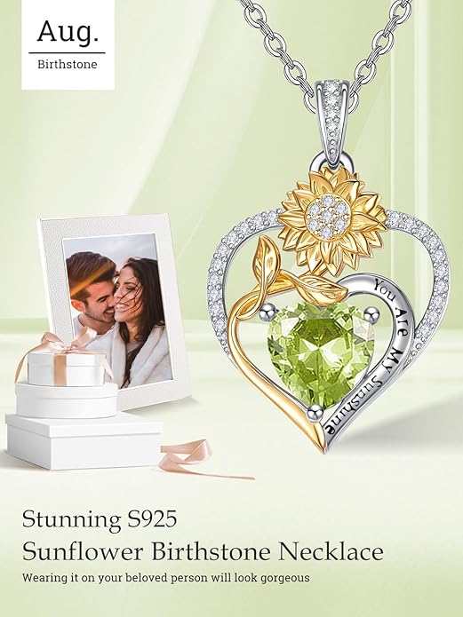 Zeuslia Double Birthstone Necklace Gifts for Wife - 925 Sterling Silver Sunflower/Rose/Crown Cross/Compass/Heart Pendant I Love You Necklace, Anniversary Birthday Gifts for Wife Girlfriend Mom Her
