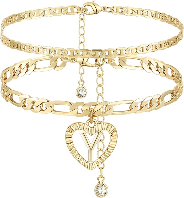 YANODA Initial Ankle Bracelets for Women 14K Gold Plated Layered Figaro Chain Letter Initial Anklets Handmade Layered Heart Ankle Bracelets Personalized Jewelry for Women