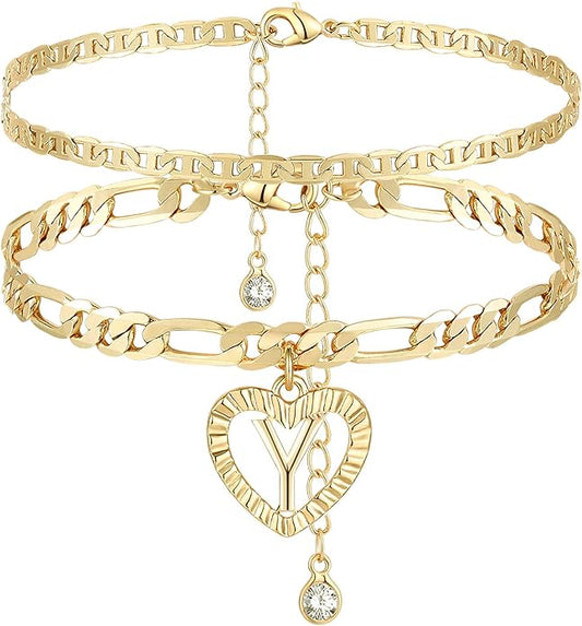 YANODA Initial Ankle Bracelets for Women 14K Gold Plated Layered Figaro Chain Letter Initial Anklets Handmade Layered Heart Ankle Bracelets Personalized Jewelry for Women