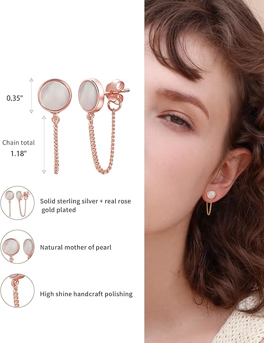 S.Leaf Gold Stud Earrings for Women 925 Sterling Silver Hypoallergenic Mother of Pearl Shell Stud Chain Earrings Friendship Jewelry Gifts for Women Her
