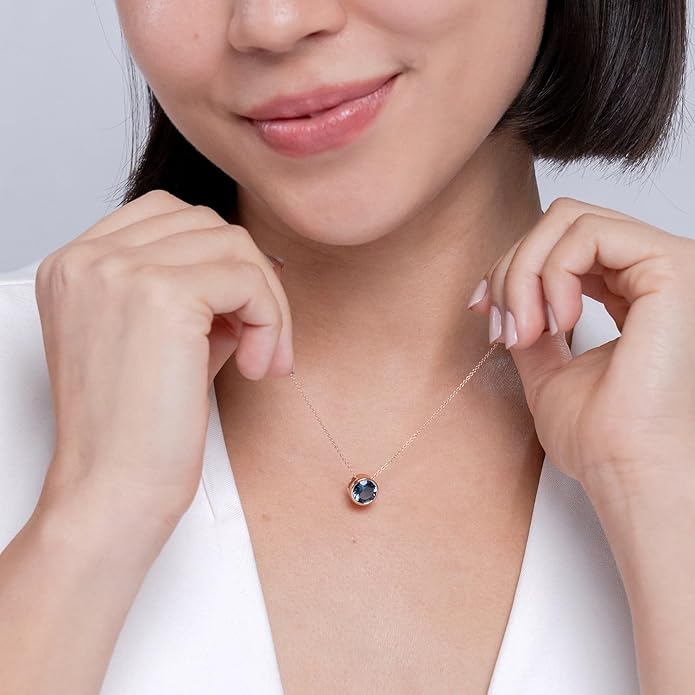 Angara Natural London Blue Topaz Solitaire Pendant for Women | Round Blue Topaz Pendant Necklace in 14K Solid Gold/Silver/Platinum With 18" Chain | December Birthday, Gemstone Jewelry Gift