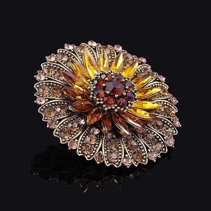 Rhinestone Crystal Flower Brooch for Women - Sparkling Large Sunflower Brooch with Vintage Floral Design - Elegant Lapel Pin for Wedding, Bridal Dresses, Jackets & Scarves