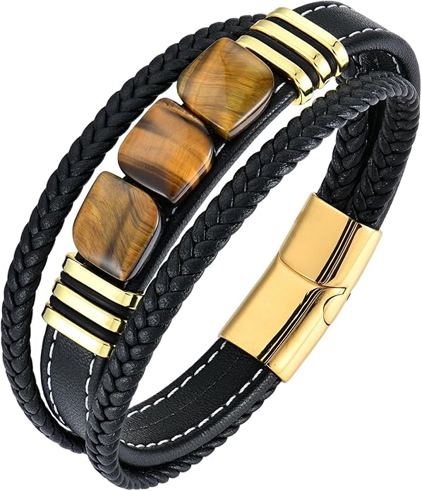 STARCHENIE Multi Strand Bracelet for Men Square Authentic Tiger Eye Black Braided Leather Mens Bracelet and Stainless Steel Buckle