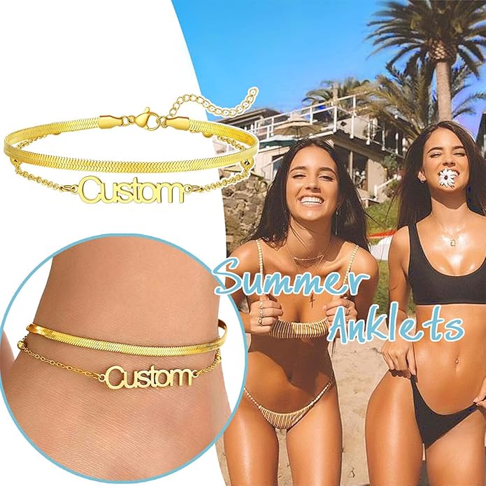 U7 Custom Layered Ankle Bracelets for Women Stainless Steel Bead/Cuban/Figaro/Rope/Wheat Chain Anklet Waterproof Anklet Jewelry for Beach Vacation
