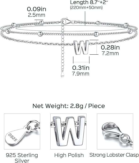 ChicSilver Ankle Bracelets for Women Waterproof, 925 Sterling Silver Initial Anklets for Women, Adjustable Dainty Layered Anklet Beach Jewelry for Women Mom Wife Friend