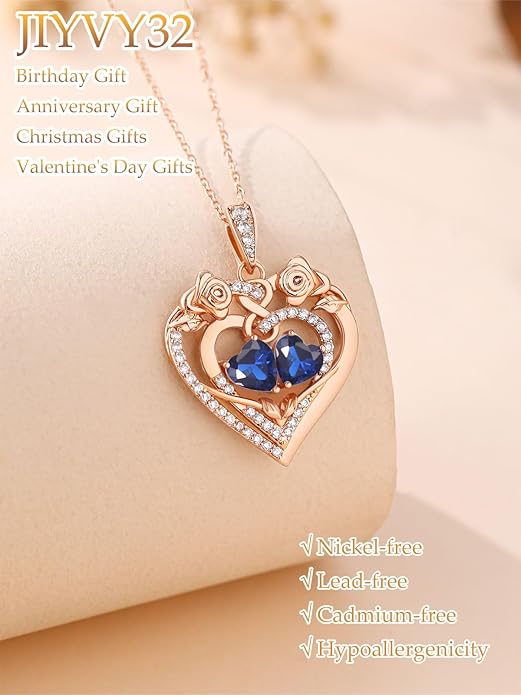 JIYVY32 Rose Heart Necklace for Women Exquisite 925 Sterling Silver Anniversary Birthday Gifts for Wife Mom Her Double Birthstone Pendant Jewelry