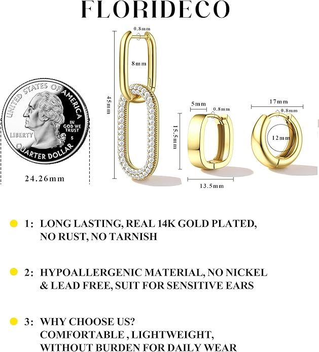 Florideco 3Pairs Chunky Gold Earrings Set 14K Gold Plated Hoop Earrings for Women Trendy Small Thick Huggie Hoops Earring Lightweight Silver Hoop Earring Sets for Multiple Piercing