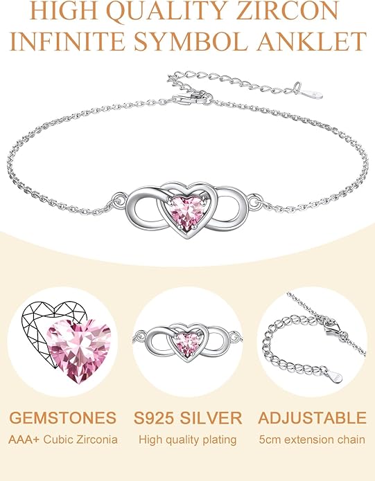 Custom4U Personalized Infinity Ankle Bracelets for Women 925 Sterling Silver Anklet Bracelet Endless Love Symbol Birthstone Charm Adjustable Foot Chain Jewelry Mothers Day Gifts for Mom Wife Women Her