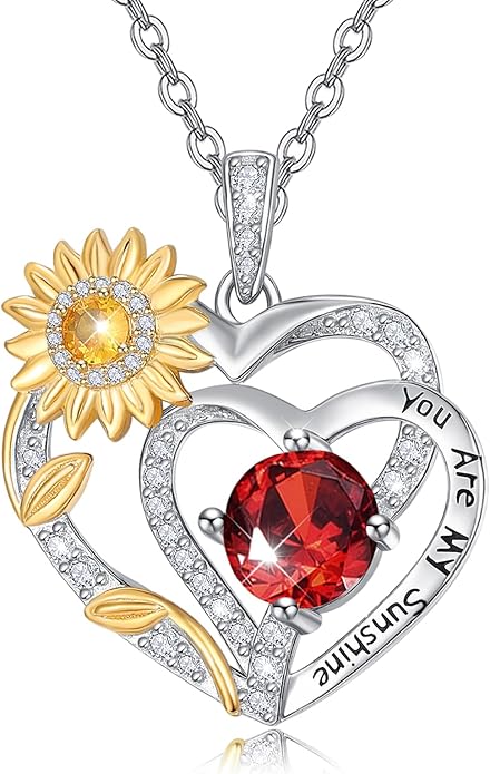 Zeuslia Double Birthstone Necklace Gifts for Wife - 925 Sterling Silver Sunflower/Rose/Crown Cross/Compass/Heart Pendant I Love You Necklace, Anniversary Birthday Gifts for Wife Girlfriend Mom Her