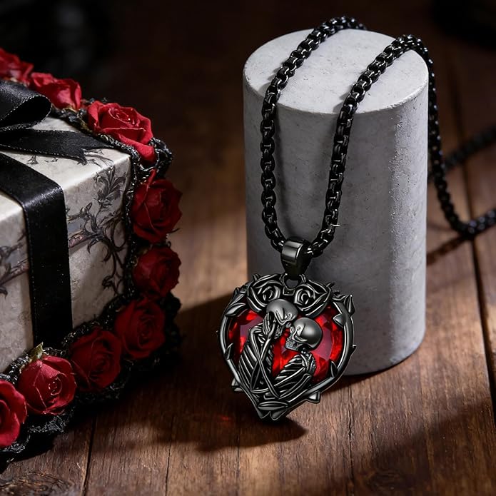 Flpruy 925 Sterling Silver Black Gothic Jewelry Gifts Skeleton Couple Pendant Crystal Birthstone Heart Necklace Punk Romantic Jewelry for Lover Men Women