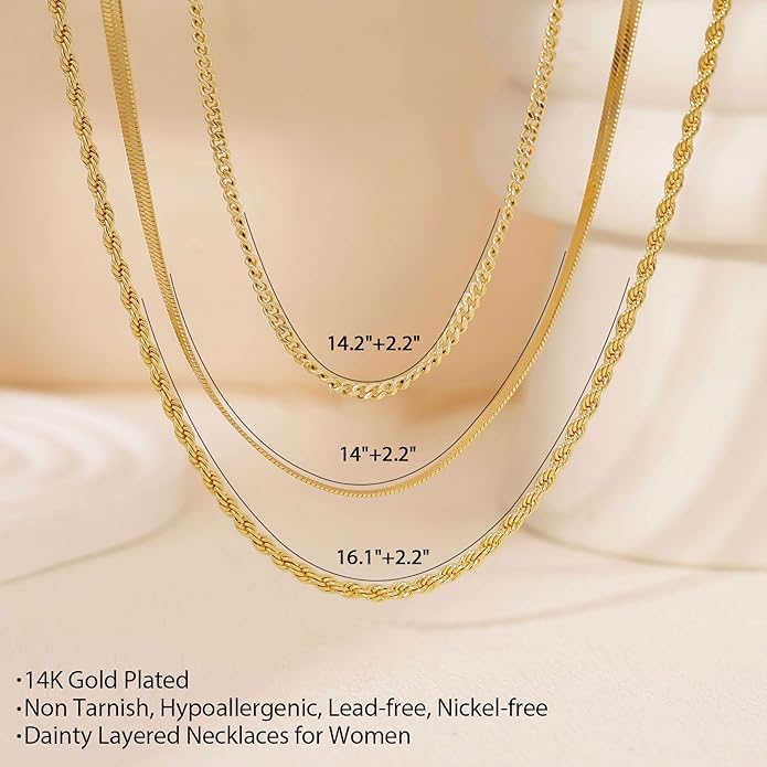 Layered Necklaces for Women, Dainty 14K Gold Plated Herringbone Chain Necklace Set Chunky Gold Necklace Stack Layering Choker Necklaces for Women Trendy Fashion Waterproof Jewelry