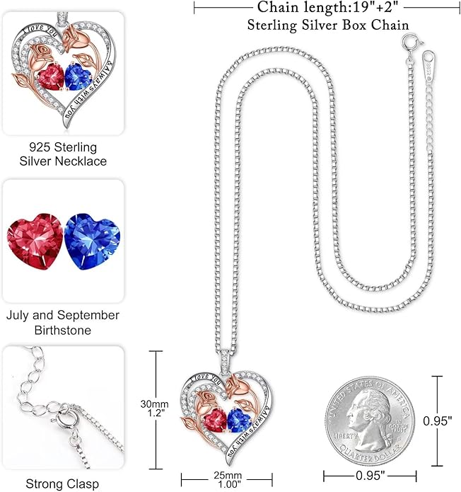 Iefil Birthstone Necklace for Women - 925 Sterling Silver Rose Heart Birthstone Necklace Birthday Anniversary Jewelry Gifts for Her Wife Mom Daughter