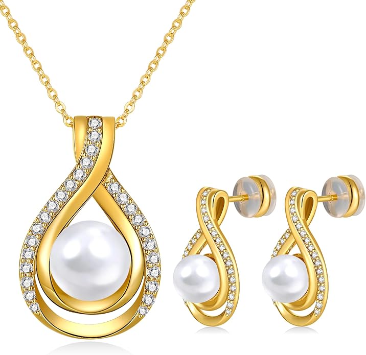 Infinity White Black Pearl Necklace and Earrings Set for Women Gifts for Mom Birthday Mothers Day AAA+ Handpicked Pearl 14K Gold/White Gold Plated Adjustable Jewelry