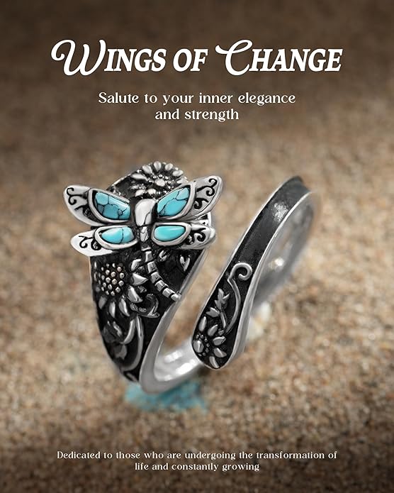 S925-Sterling-Silver Abalone Dragonfly-Turquoise Spoon Ring - Vintage Boho Sunflower Thumb Oxidized Wrap Rings Victorian Style Antique Floral Jewelry Gifts for Women