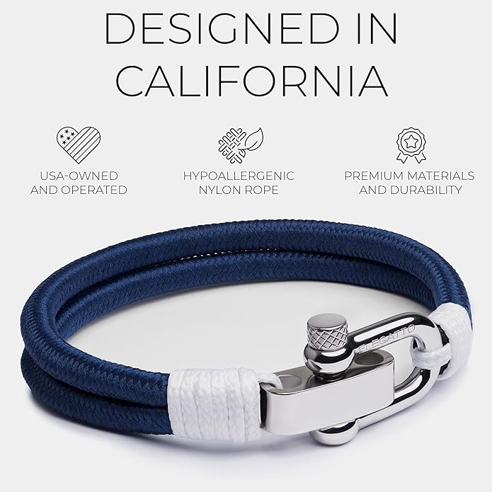 Elegatto Duetto Platinum Rope Bracelet for Men | Double Nautical Nylon Cord with Silver Polished Stainless Steel Shackle Clasp | Waterproof and Fade-Resistant