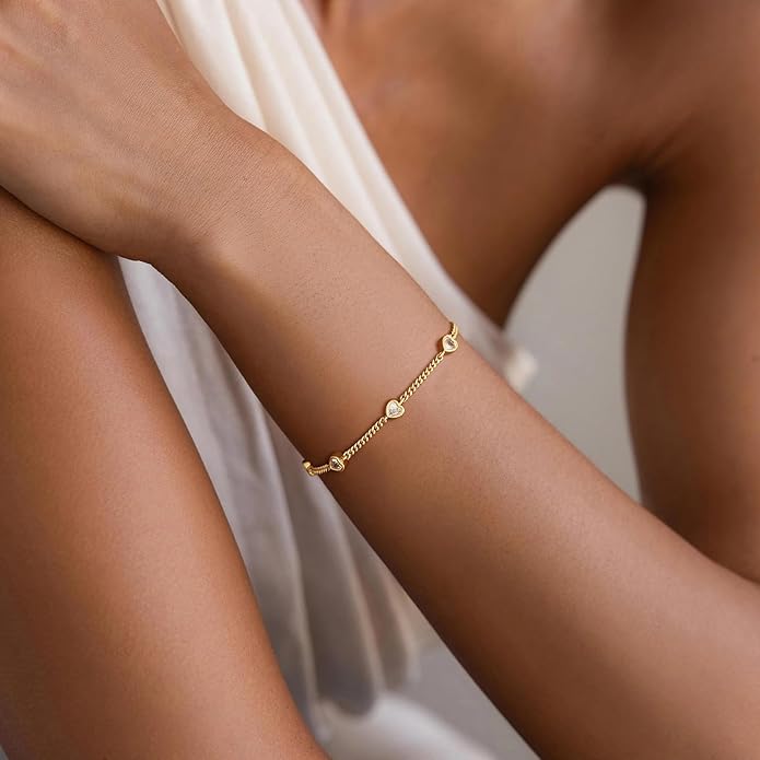 Gold Bracelets for Women,14K Dainty Gold Plated Bracelets Non Tarnish Waterproof Diamond Bracelets Heart Flower Round Square CZ Charm Bracelet Trendy Stuff Jewelry Gifts for Her