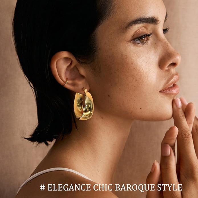EXGOX Gold Hoop Earrings for Women Sterling Silver Post Hoops Earrings for Women Wide Thick Silver Hoop Earrings Hypoallergenic Lightweight 14k Real Gold Plated Hoop Large Earrings (25/30/40/50MM)