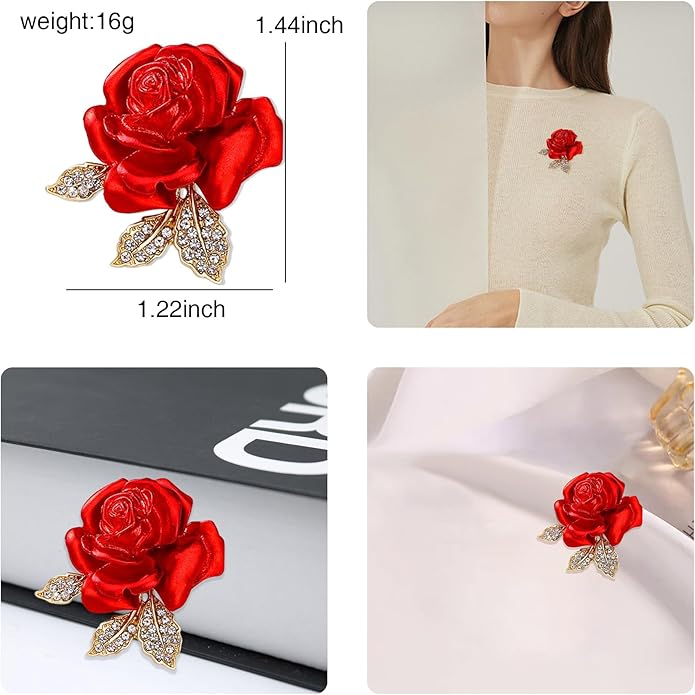 Crystal Red Rose Flower Brooch Pins for Women Elegant Enamel Rhinestone Floral Brooches Pin Fashion Jewelry for Party Dance Wedding Banquet Brooch for Women Girl Gift