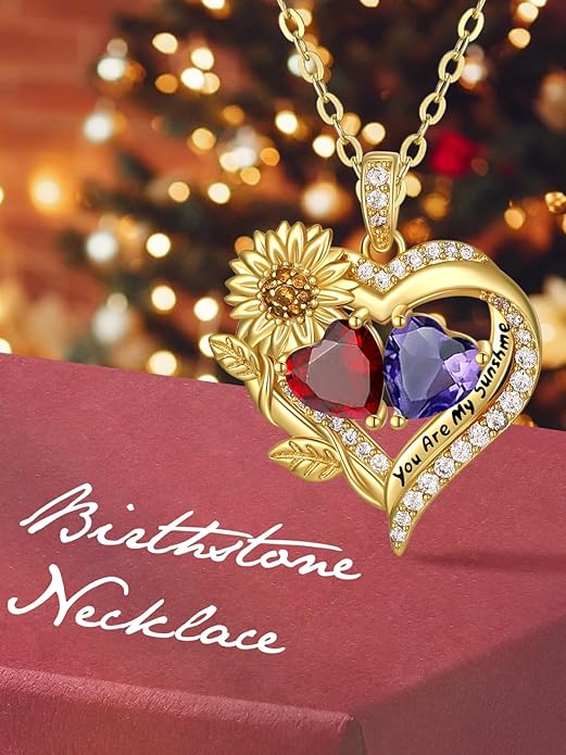 Sunflower Heart Necklace for Women 14K Gold Exquisite Anniversary Birthday Gifts for Wife Mother Her Double Birthstone Pendant jewelry‘You Are My Sunshine’