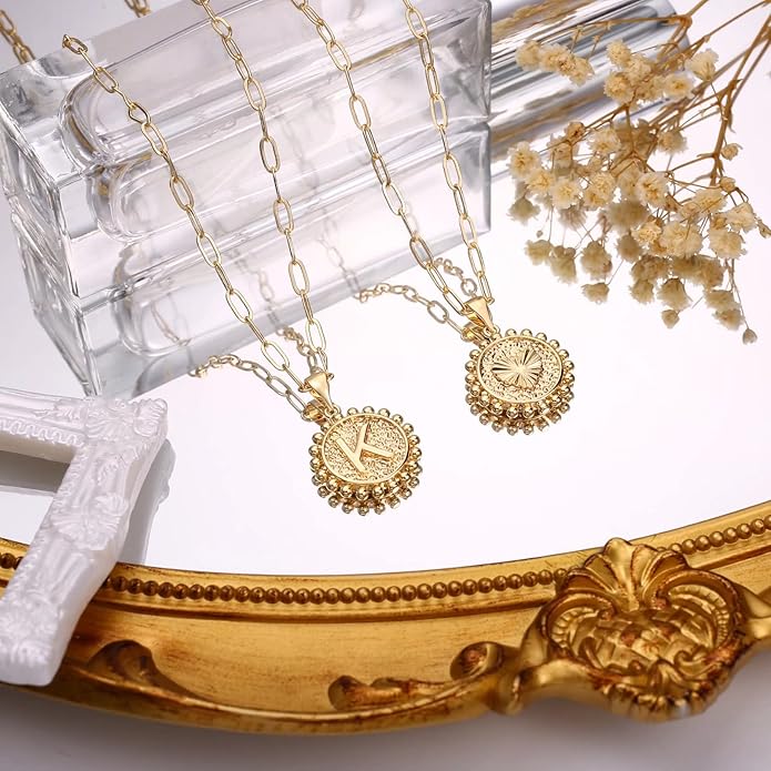 Yoosteel Gold Initial Necklaces for Women, 14K Gold Plated Dainty Layering Paperclip Link Chain Necklace Coin Initial Layered Necklaces for Women Personalized Birthday Gifts