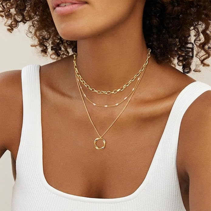 Gold Layered Necklaces for Women 14k Gold Plated Dainty Stackable Choker Necklaces for Women Trendy Layering Chain Cute Pendant Necklace Set Gold Jewelry for Women