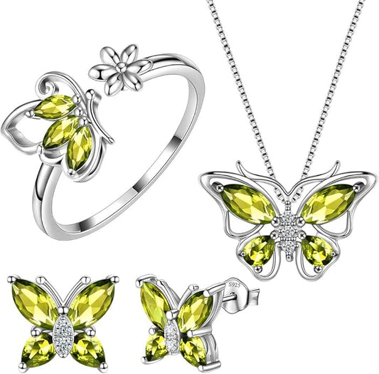Aurora Tears Butterfly Jewelry,Women 925 Sterling Silver Butterflies Birthstone Pendant Necklace/Earrings/Rings Wedding Gift
