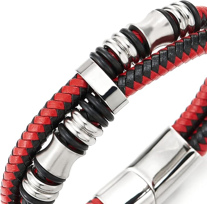 COOLSTEELANDBEYOND Mens Double-Row Braided Leather Bracelet Bangle Wristband with Stainless Steel Ornaments