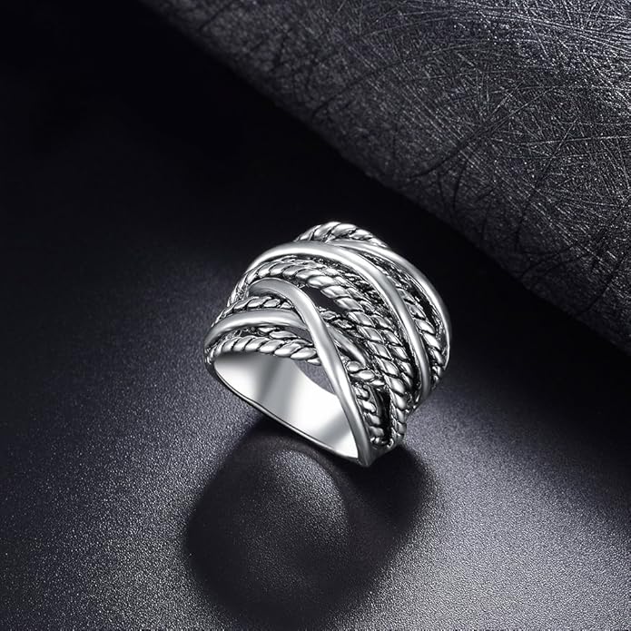 Wide Band Rings Twisted Rope Ring Two-Tone Mixed Metal Braided Statement Rings Fashion Jewelry for Women