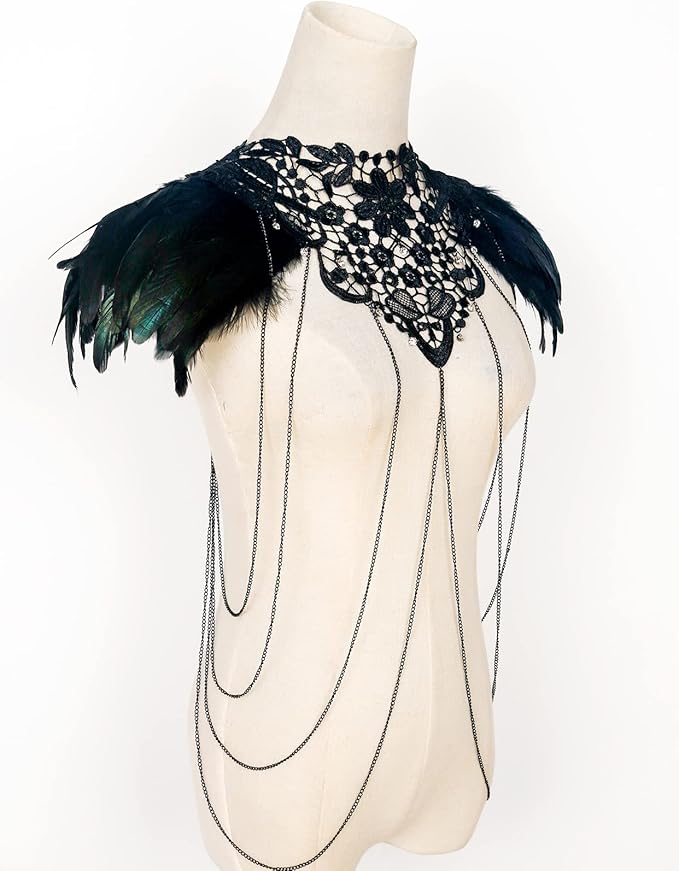 L'VOW Real Black Feather Harness Lace Collar Necklace Bib Halloween