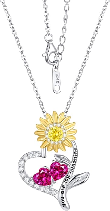PERJI Valentine's Day Gifts for Women - 925 Sterling Silver Double Birthstone Sunflower Necklace, Anniversary Birthday Jewelry You are My Sunshine Gifts for Wife Couple Girlfriend 18"+2" Non Tarnish