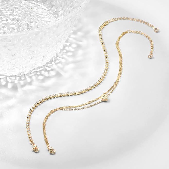 Yanoda Initial Ankle Bracelets for Women, 14K Gold Plated Waterproof Dainty Layered Heart Letter Initial Anklets Personalized Gifts