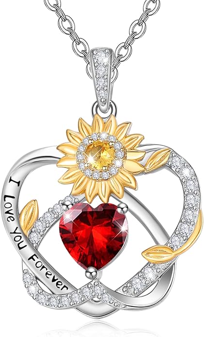 Zeuslia Double Birthstone Necklace Gifts for Wife - 925 Sterling Silver Sunflower/Rose/Crown Cross/Compass/Heart Pendant I Love You Necklace, Anniversary Birthday Gifts for Wife Girlfriend Mom Her